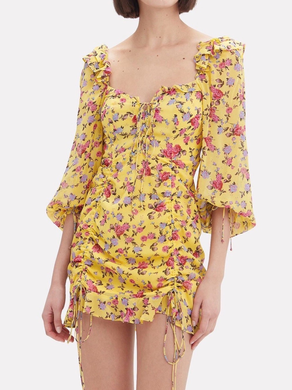 NEW For Love & Lemons Beaumont Mini Dress Silk Yellow Floral Ruched Womens XS